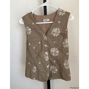 Vintage BCBG Paris Embroidered Khaki Linen Vest